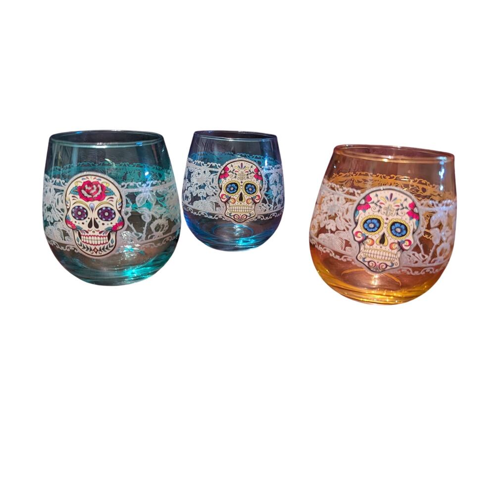 Day of the Dead stemless wine glasses Teal, Blue, and Yellow